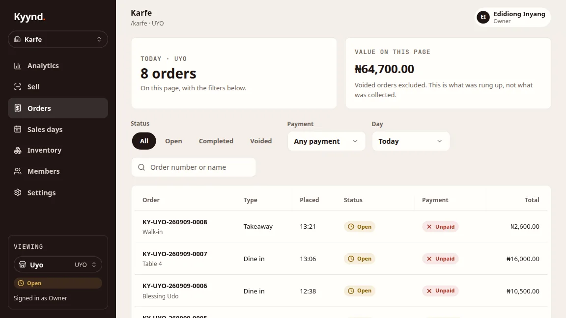A day of orders in Kyynd, paid and unpaid, with the value rung up so far