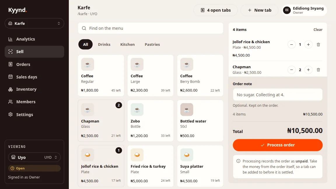 The Kyynd register: today's menu with what is left of each item, and an open tab totalling 10,500 naira